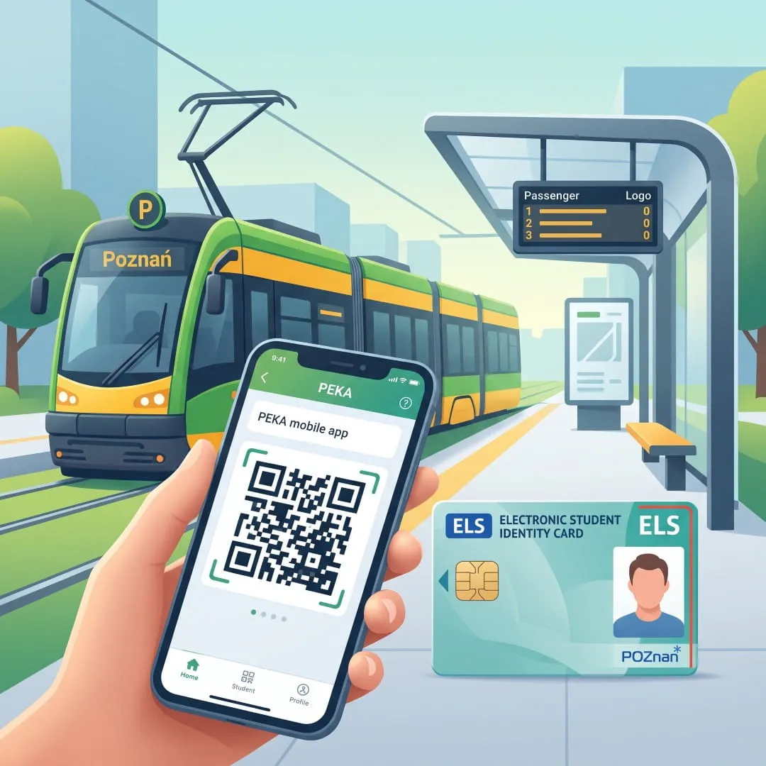 Smartfon z aplikacją biletową PEKA i legitymacja ELS na tle zielono-żółtego tramwaju miejskiego w Poznaniu.