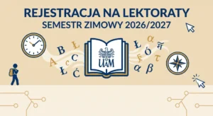 Infografika Studium Językowego UAM przedstawiająca harmonogram i zasady rejestracji żetonowej na lektoraty z języków obcych w roku akademickim 2026/2027.