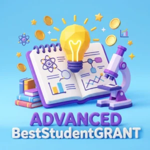 Trójwymiarowa, stylizowana grafika plastelinowa przedstawiająca mikroskop, książki i świecącą żarówkę symbolizujące studencki grant badawczy.