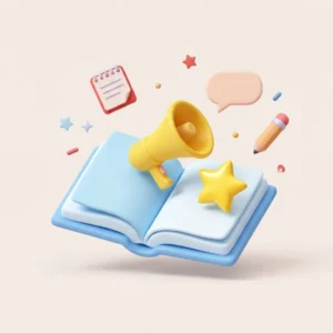Ilustracja 3D w stylu plasteliny przedstawiająca otwartą książkę z megafonem i gwiazdą, symbolizująca projekt Ambasador BUP.