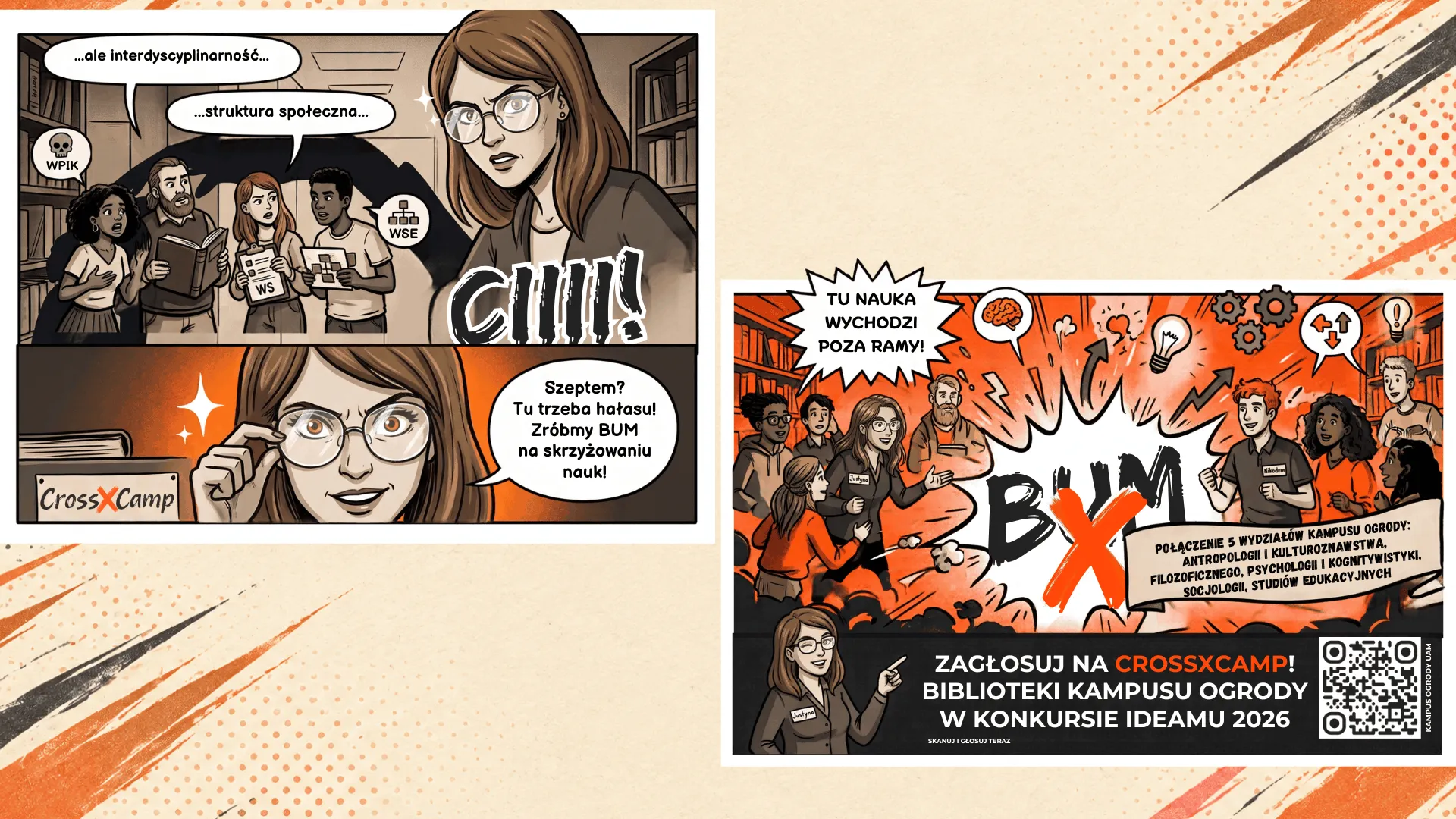 Komiks: nauka wychodzi poza ramy. Zagłosuj na CrossXCamp – projekt łączący biblioteki pięciu wydziałów Kampusu Ogrody w konkursie IdeAMU 2026.