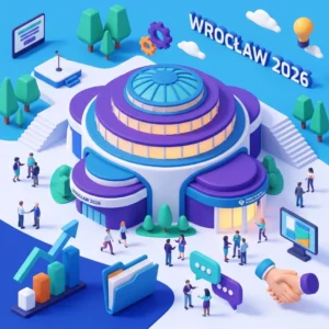 Ilustracja izometryczna 3D przedstawiająca centrum konferencyjne, ikony biznesowe i networking na Polski Kongres Przedsiębiorczości.