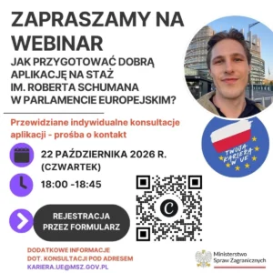 Plakat promujący webinar o aplikacji na staż im. Roberta Schumana w Parlamencie Europejskim, zaplanowany na 22 października 2026 r.