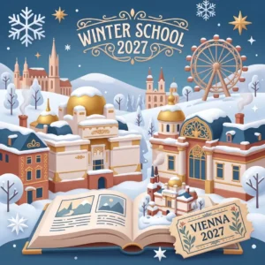 Ilustracja wektorowa przedstawiająca zimowy Wiedeń, otwartą księgę i elementy secesji promujące program univie winter school 2027.