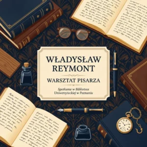 Ilustracja w stylu dawnego plakatu z zabytkowymi księgami, piórem i rękopisami oraz napisem: Władysław Reymont. Warsztat pisarza. Spotkanie w Bibliotece UAM.
