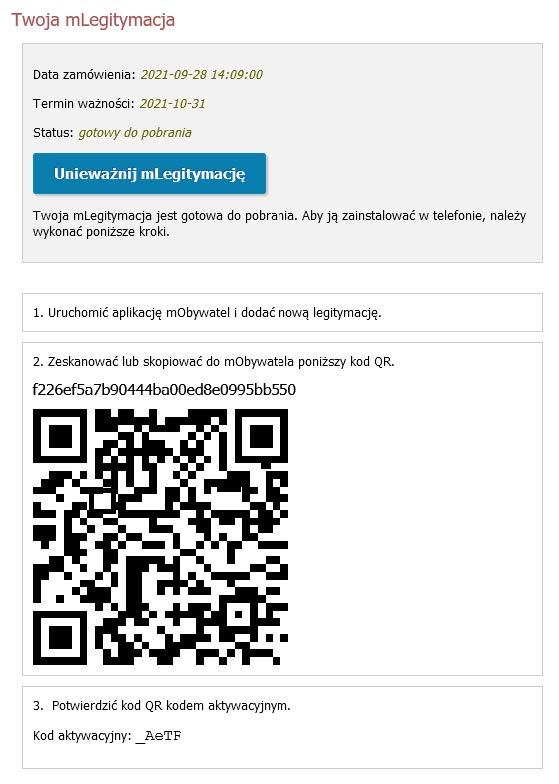Instrukcja aktywacji mLegitymacji ze statusem 'gotowy do pobrania', zawierająca kod QR do zeskanowania, kod aktywacyjny oraz trzy kroki instalacji w aplikacji mObywatel