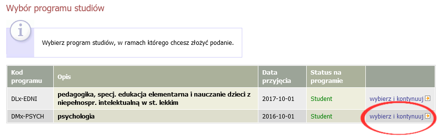 Wybór programu studiów w USOSweb, podświetlona opcja „wybierz i kontynuuj” przy kierunku psychologia.
