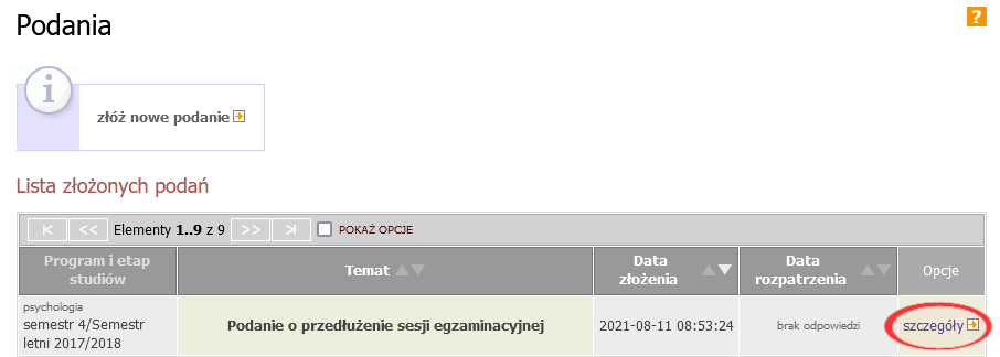 Lista złożonych podań w USOSweb z widocznym podaniem o przedłużenie sesji egzaminacyjnej i linkiem do szczegółów.
